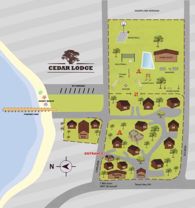 Image of Cedar Lodge grounds, lake cabin rentals and gathering spaces. We have the best place for Family Reunions in Texas