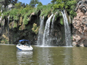 Image of the falls on Lake Buchanan and our pontoon boat rental.