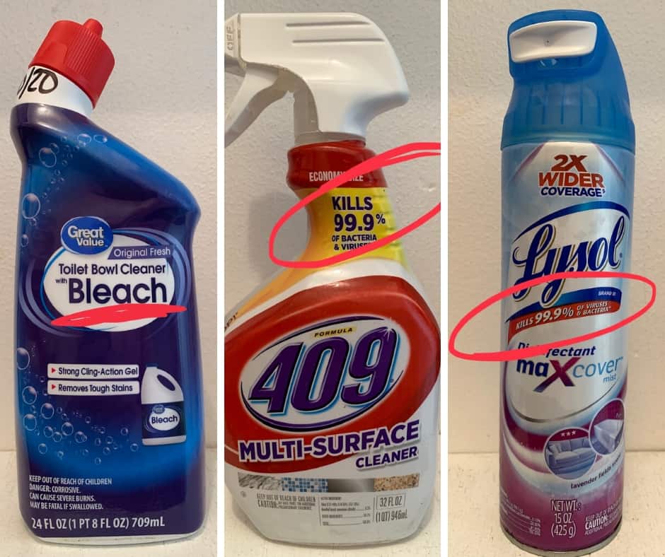 Image of the CDC recommended cleaners we use to clean and sterilize all surfaces. 